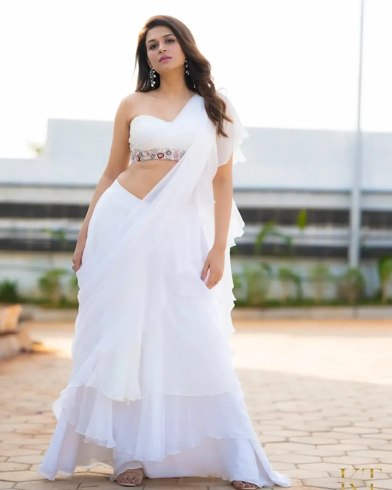 South Indian TV Model Shraddha Das in White Lehenga Choli